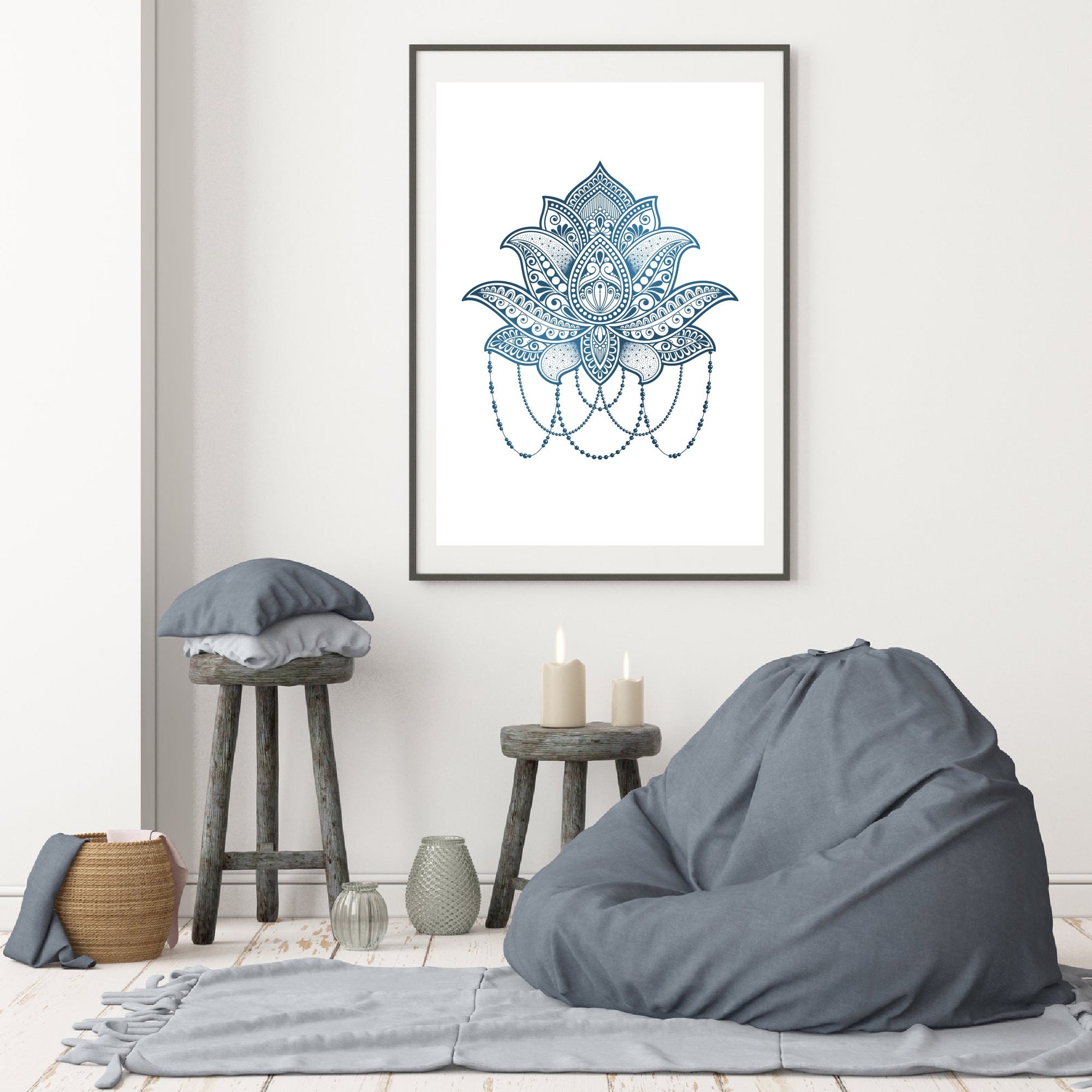 Set of 2 Prints of Blue Lotus Flower & Mandala Wall Art Print ...