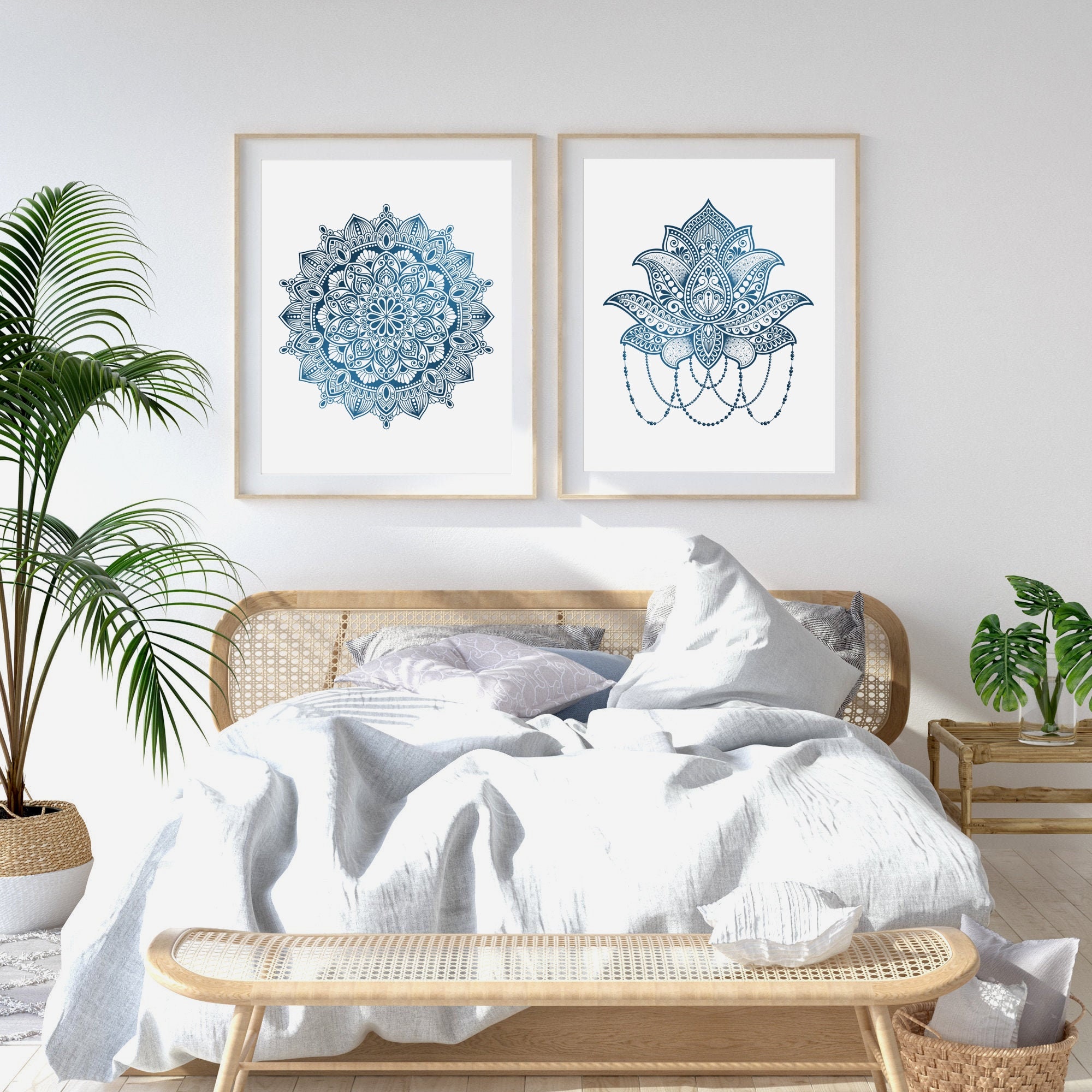 Set of 2 Prints of Blue Lotus Flower & Mandala Wall Art Print ...
