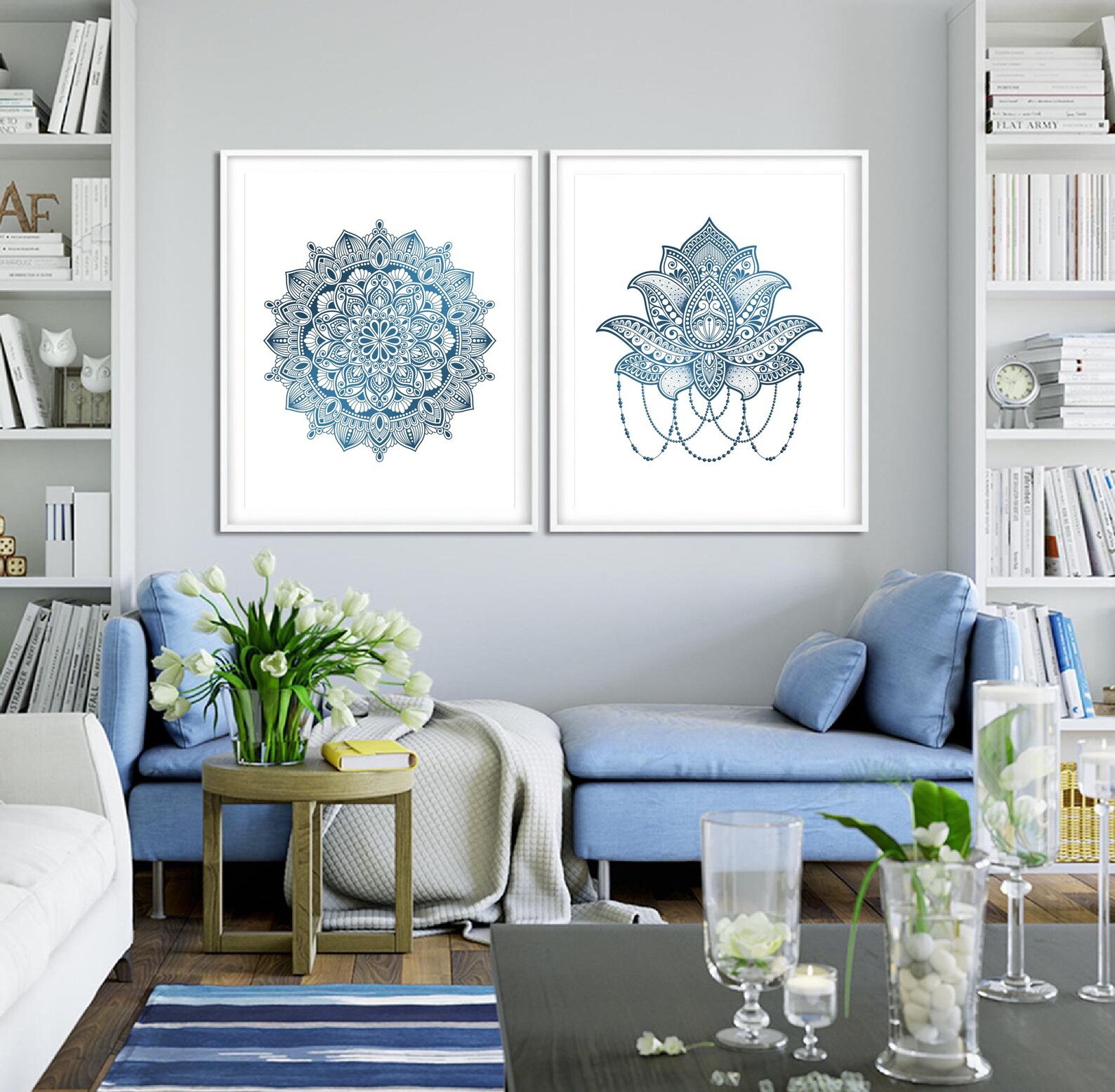 Set of 2 Prints of Blue Lotus Flower & Mandala Wall Art Print ...