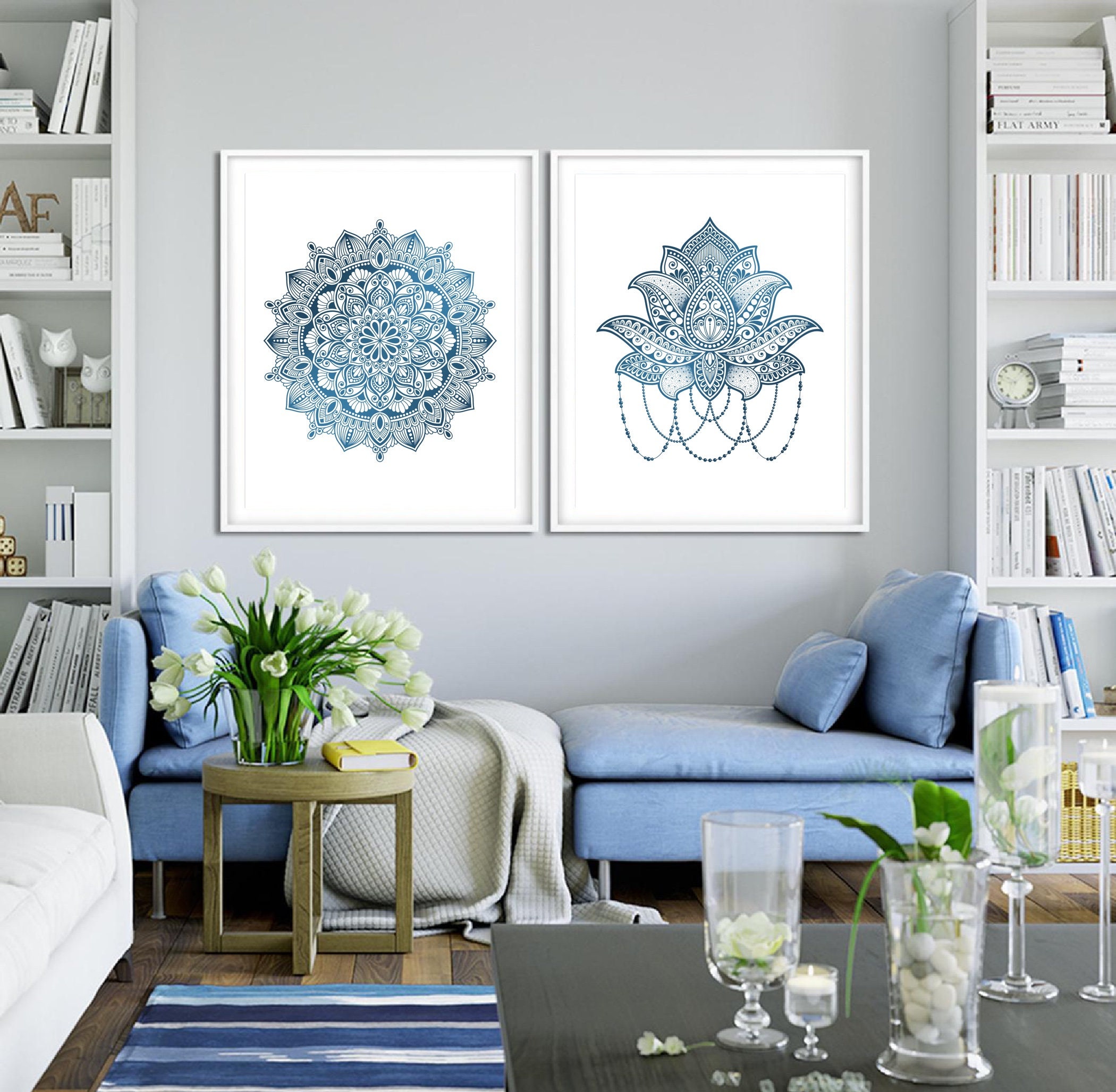 Set of 2 Prints of Blue Lotus Flower & Mandala Wall Art Print ...