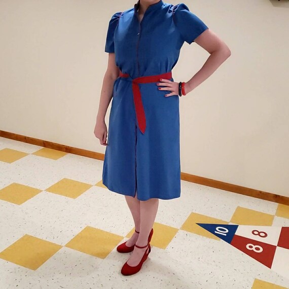 Vintage 80s shirt waist shift dress belted blue r… - image 3