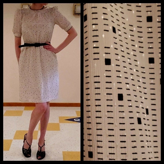 vintage 1980s black white dress polka square dots… - image 1