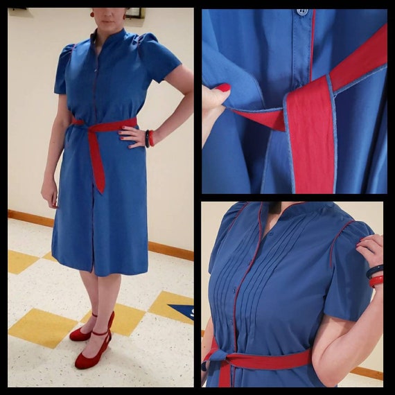 Vintage 80s shirt waist shift dress belted blue r… - image 1