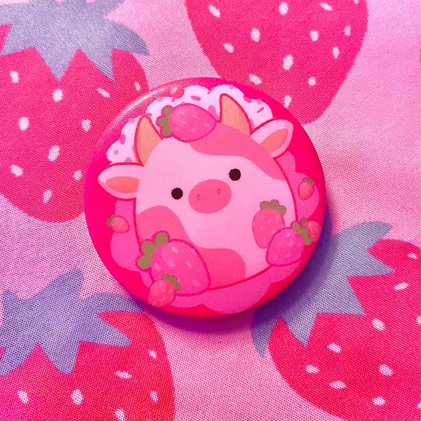 1.7 x 1.7 Strawberry Cow Button Pin