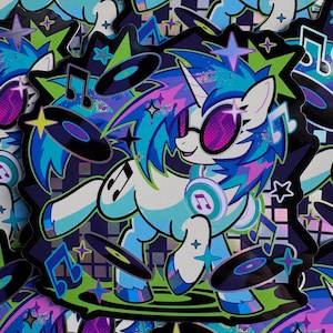 May include: A die-cut sticker featuring a white unicorn with a blue and purple mane, wearing pink-tinted glasses and headphones. The unicorn is surrounded by floating black vinyl records, blue musical notes, and colorful stars on a dark background.