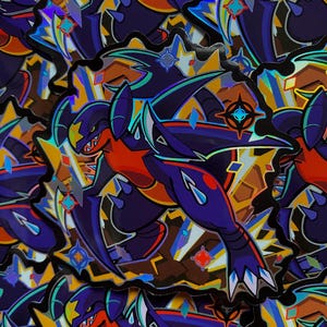 May include: A holographic sticker featuring a blue and red dragon-like creature with a star on its head. The creature is surrounded by a burst of light and stars. The sticker is on a black background.