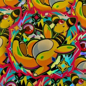 Könnte beinhalten: Eine Sammlung farbenfroher Aufkleber mit einer gelben, cartoonartigen Kreatur mit schwarzen Streifen und einem roten Edelstein. Die Aufkleber haben einen rosa Rand mit blauen, gelben und schwarzen geometrischen Designs. Die Kreatur hat einen langen, gestreiften Schwanz mit einer roten Kugel.