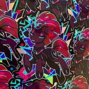 May include: A set of stickers featuring a purple and pink cartoon pony with a lightning bolt design. The pony has a black mane and tail and is wearing a black outfit with a red accent. The stickers are on a black background with blue and pink lightning bolts.