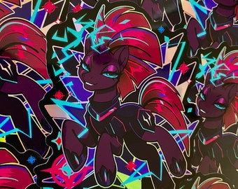 May include: A set of stickers featuring a purple and pink cartoon pony with a lightning bolt design. The pony has a black mane and tail and is wearing a black outfit with a red accent. The stickers are on a black background with blue and pink lightning bolts.