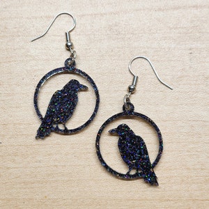 Black holographic & pearlescent raven earrings