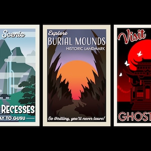 Retro Travel Poster mini prints: Cloud Recesses, Burial Mounds, Ghost City (MDZS, The Untamed, TGCF/Heaven Official's Blessing) MXTX