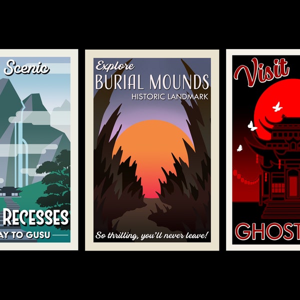 Retro Travel Poster mini prints: Cloud Recesses, Burial Mounds, Ghost City (MDZS, The Untamed, TGCF/Heaven Official's Blessing) MXTX