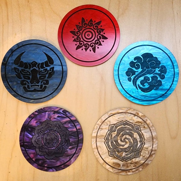 Five Great Clans pearlescent engraved beverage coasters for MDZS/Grandmaster of Demonic Cultivation fans - set of 5