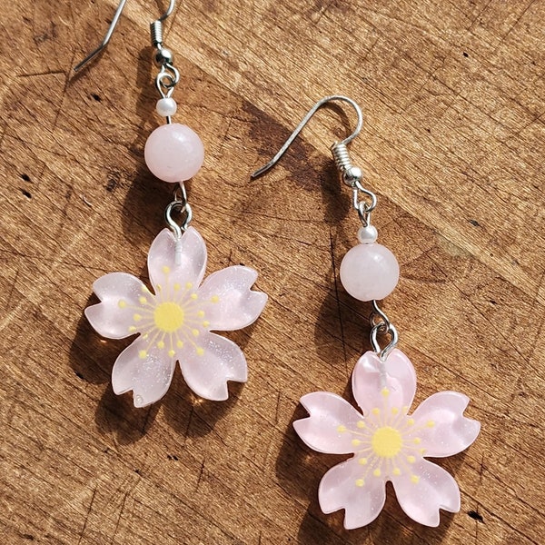Sparkling Sakura dangle earrings - chunky Japanese cherry blossoms with agate beads