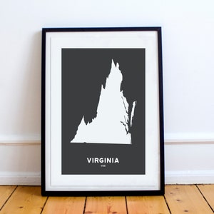 Virginia State Print Carte imprimée noir et blanc wall art affiche moderne minimaliste bureau décoration USA Unframed Amérique
