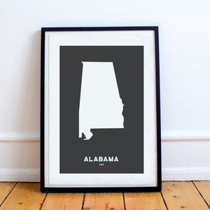 Alabama State Print Carte imprimée noir et blanc wall art affiche moderne minimaliste bureau décoration USA Unframed Amérique