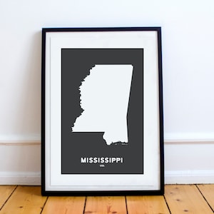 Mississippi State Print Map Imprimé Noir et Blanc Wall Art Poster Modern Minimalist Office Decoration USA Unframed America