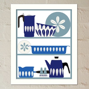 Mid-Century Scandinavian Cathrineholm Enamelware - Blue Hues - Kitchen Shelf No 1, Wall Art Print, Poster, Printable PDF+JPG