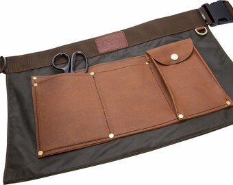 Waxed Cotton Gardeners Apron - Tool Belt - Wax Cotton with Suede Leather Pockets - Made in UK