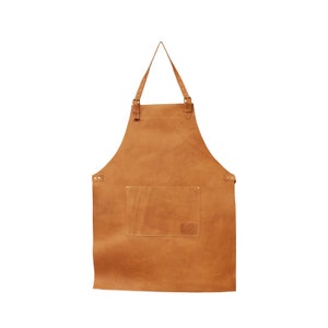 May include: A brown leather apron with adjustable straps and a large pocket.