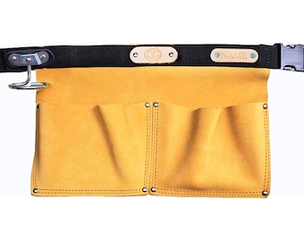 Tan Suede Nail Apron w/ Hammer Swinger - Nail, Screw Pouch- Personalised - Connell of Sheffield - Made in UK