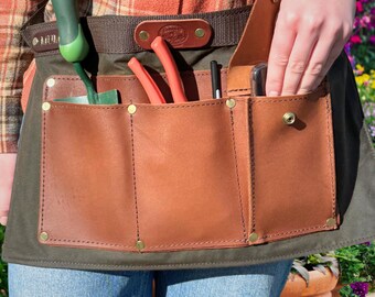 Waxed Cotton Gardeners Apron - Tool Belt - Wax Cotton with Waxed Suede Leather Pockets - Made in UK