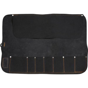 May include: Black leather tool roll with six pockets and a large flap. The roll has orange stitching and silver rivets.
