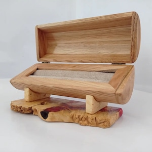 Handmade cylindrical wood and burl wood box on the stand. Jewelry box. Fancy ring holder. Handcrafted Jewelry storage. Made in Ukraine