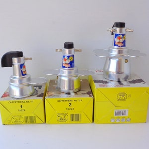 Rare cafetière expresso italienne Rapid vintage en aluminium sur plaque de cuisson avec support pour 1 ou 2 tasses. cafetière Geyser vintage en aluminium.