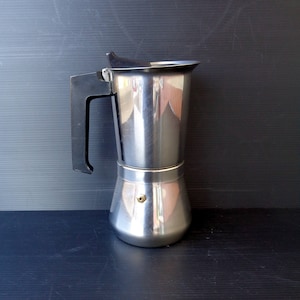 Big Vintage Italian inox steel coffee maker. Stovetop Espresso Maker 6 portion capacity. Geyser coffee maker. Italian espresso machine