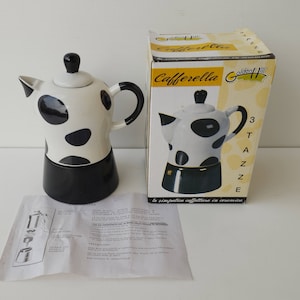 Toute nouvelle cafetière expresso geyser de cuisinière vintage 3 tasses, cafetière en aluminium avec dessus en porcelaine dans la boîte d'origine