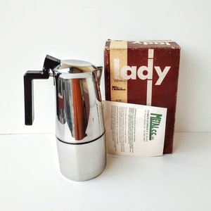 Cafetière expresso geyser en acier inoxydable de grande cuisinière vintage italienne neuve dans sa boîte d'origine "LADY espress" par METAL C.C. pour 12 tasses