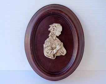 Italian Vintage cameo - handmade leather covered oval frame with bas-relief of Victorian lady profile inside 6x5"