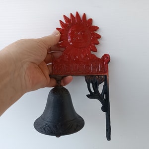 Vintage Iron Sun &quot;Welcome&quot; Door Bell. Wall hanging Shop customer notification bell. Red and black Decorative Retro Heavy metal door bell.