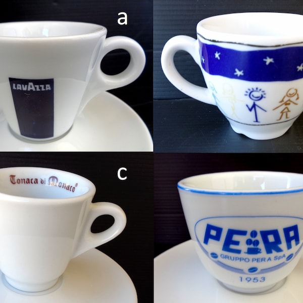 Collectible Vintage classic heavy white porcelain bar coffee cups. Espresso coffee mugs for collection. Made in Italy
