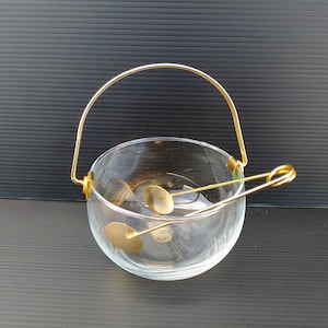 Italian vintage glass sugar bowl with metal tongs. Vintage tableware.