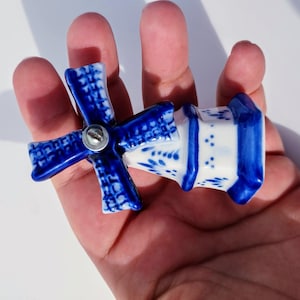 Collectible Vintage white and blue Delft ceramic mini mill figurine. Delft Pottery decor by Blue Delft Deco.