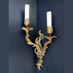 Italian Vintage heavy brass electric wall sconce, 2 candles candelabra imitation. Brass wall hanging lamp from 50s