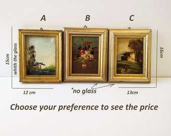 Small vintage landscape or floral oil paintings in wide wood frames. Oil miniature retro wall hanging painting. Italian vintage