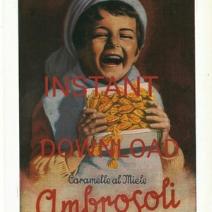Manifesto pubblicitario vintage di Ambrosoli Italia anni '40. Stampa digitale pubblicitaria retrò. Scansione stampabile da vecchio poster pubblicitario.