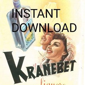 Vintage Werbeplakat von Kranebet Likör Italien 1940er Jahre. Retro Werbung Digitaldruck. Druckbarer Scan von altem Werbeplakat.