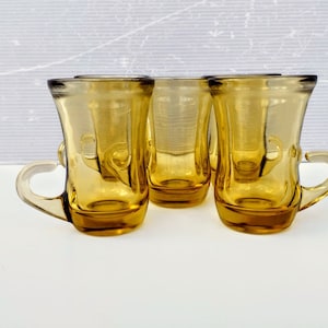 Italian Vintage 3 Transparent amber glass espresso cups set, Amaro liqueur glasses set. Retro amber glass cups. Unusual shaped cups