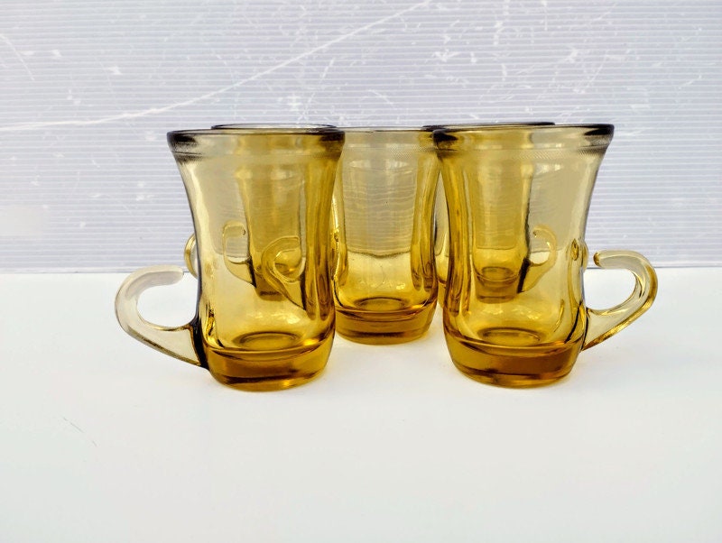 2 Vintage Italian Espresso Amber Color Glass Cups, Vintage Clear