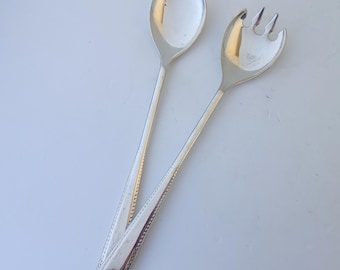 Vintage silver plated serving spoon and fork set, Italian salad serving set, silver plated ornate kitchen utensil. Retro kitchen style