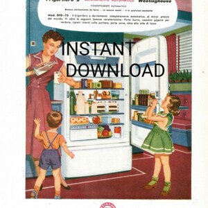 Póster publicitario antiguo de Westinghouse Electric en Italia, década de 1940. Impresión digital de publicidad retro. Escaneo imprimible de un cartel antiguo.