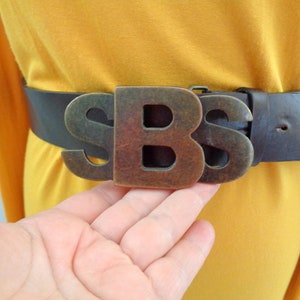 Vintage Italiaanse bruinleren riem van symbolen met massieve koperen gesp, echte lederen unisex verbandriem, brede riem 112cm\44&quot; lang