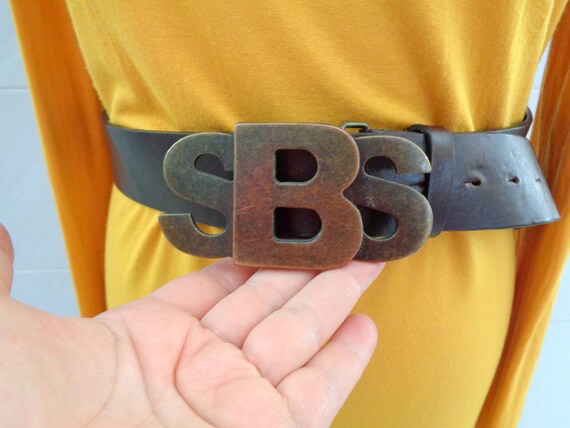 Vintage Italian Brown Leather Belt by Symbols With Massive 