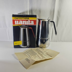 Nouvelle cafetière expresso vintage en acier inoxydable par Uanita pour 8 tasses dans sa boîte d'origine. Machine à expresso italienne Geyser
