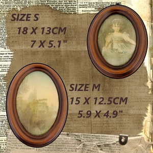 May include: Two oval-shaped picture frames with a dark wood finish. The smaller frame is 7 inches by 5.1 inches and the larger frame is 5.9 inches by 4.9 inches. The frames are on a vintage newspaper background.