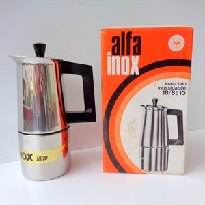 Cafetière expresso geyser en inox vintage neuve avec plaque de cuisson dans sa boîte d'origine « AlfaInox » pour 3 tasses. Cadeau idéal !